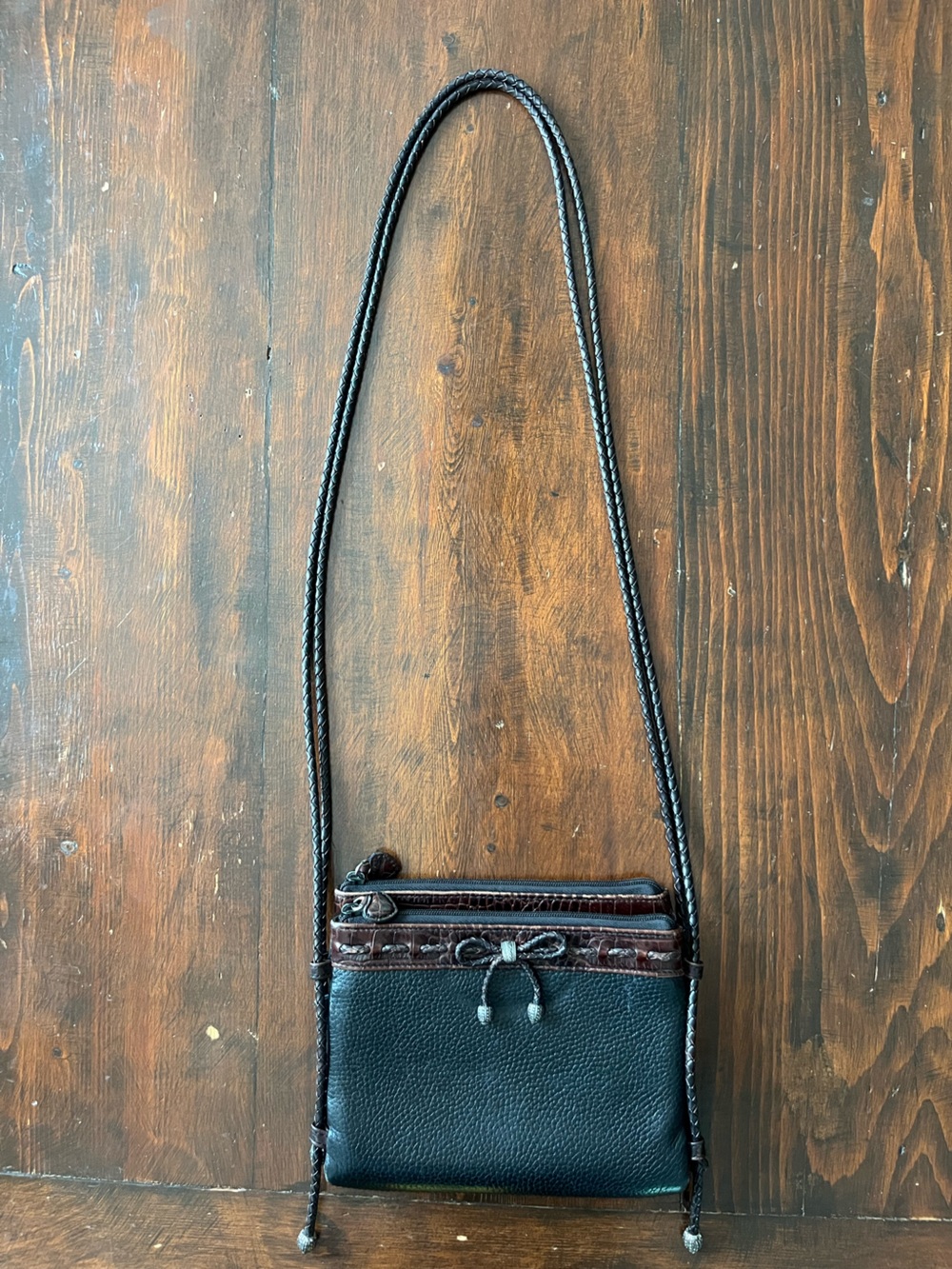 Vtg Brighton Black Pebbled Leather Crossbody Bag With Wallet Organizer Bow Beads